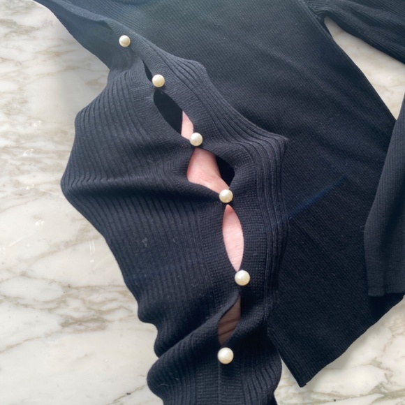 ZARA Black Knit Pearl Accented Open-Shoulder Sweater - Picture 3 of 6